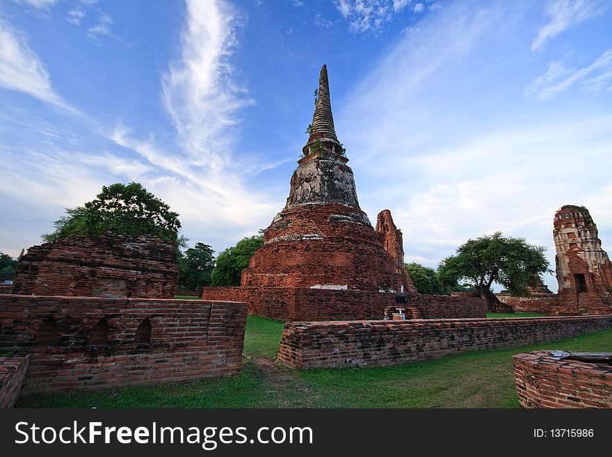 Old temple with blue sky in Ayuttaya Thailand