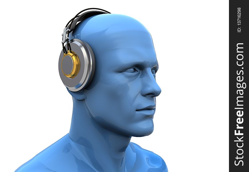 Abstract 3d illustration of man head in headphones. Abstract 3d illustration of man head in headphones