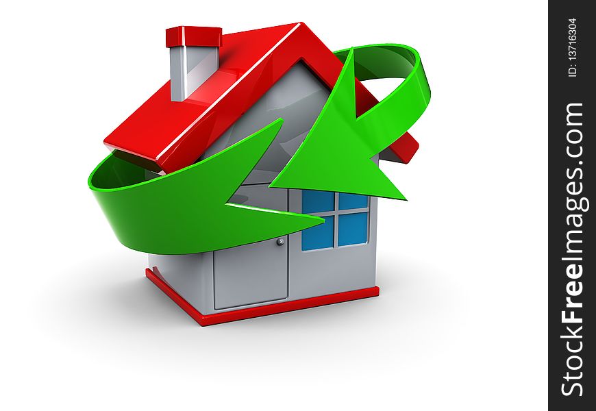 Abstract 3d illustration of house with green arrow cycle symbol. Abstract 3d illustration of house with green arrow cycle symbol