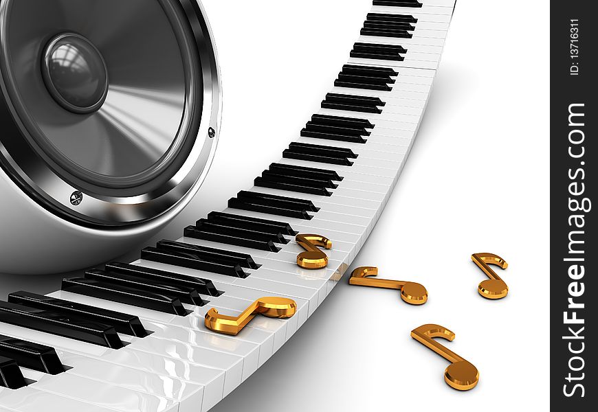 Abstract 3d illustration music background with piano and audio speaker