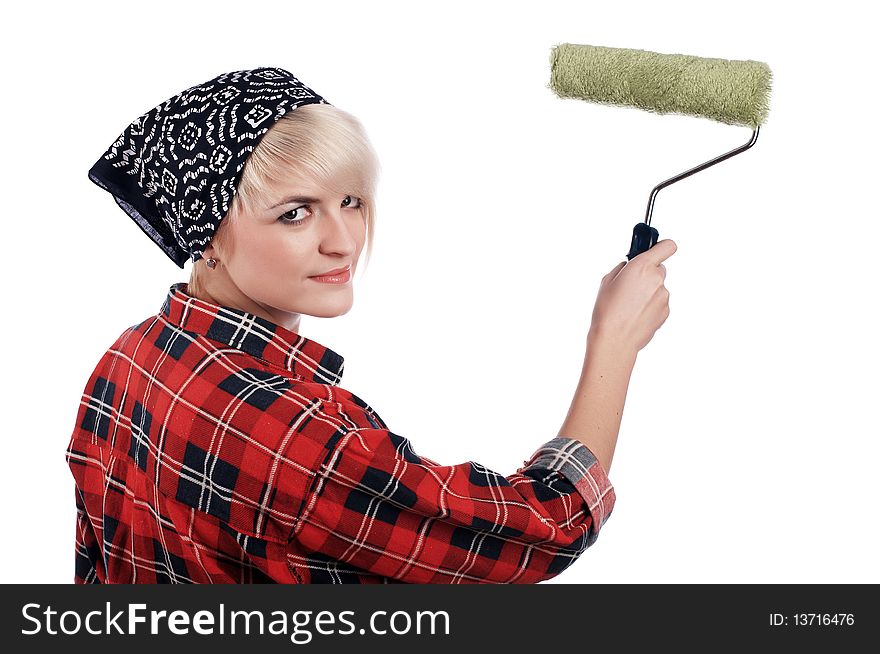 Charming blonde painter in a red shirt and blue scarf