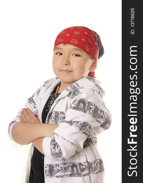 Beautiful asian smiling stylish boy on white background