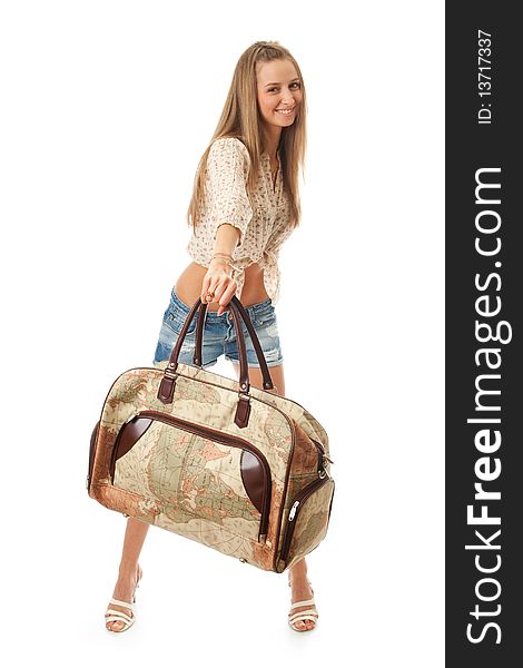 The young beautiful girl with a bag isolated on a white background