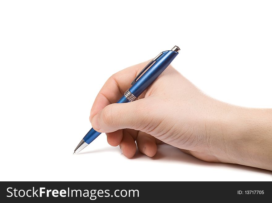 Isolated hand holding blue pen