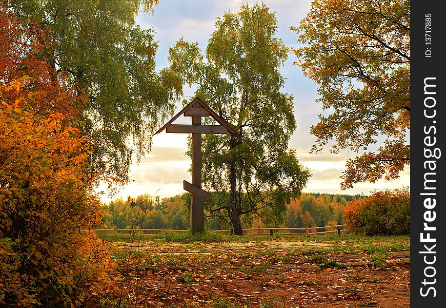 Wooden cross on Cathedral mountain in the town of Pless