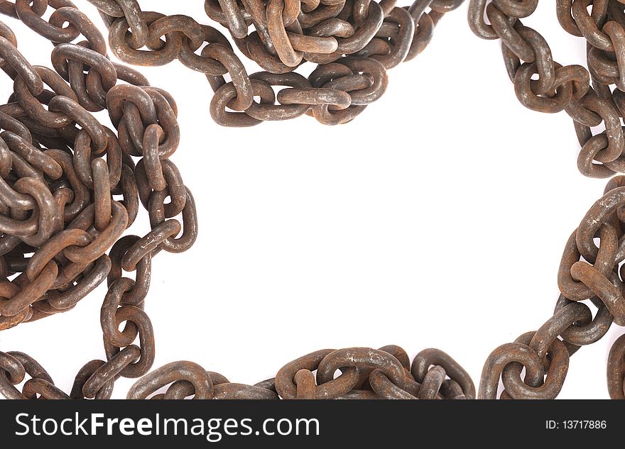 Old rusty chain frame. White background