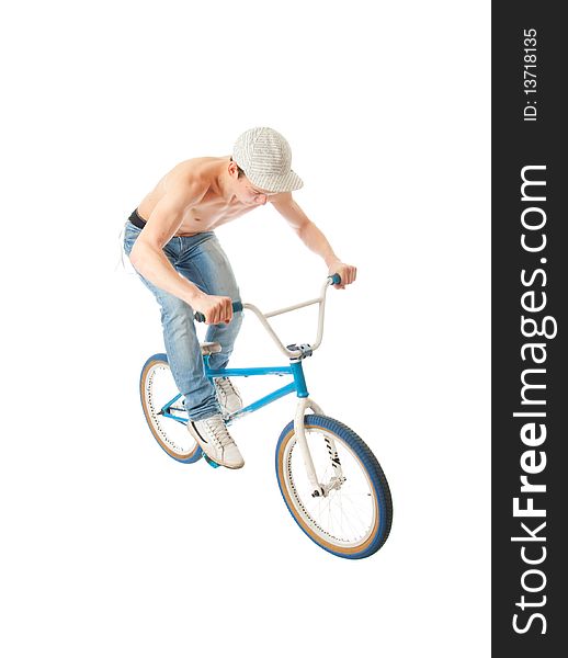 The young guy with a bicycle isolated on a white background
