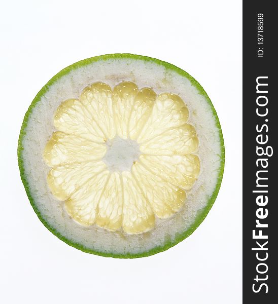 Transparent thin slice of lime on a white background
