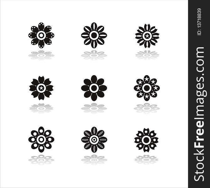 Set of 9 black flower icons. Set of 9 black flower icons