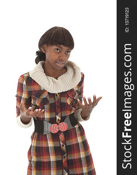 Young black female with hands gesturing and suggesting. Young black female with hands gesturing and suggesting