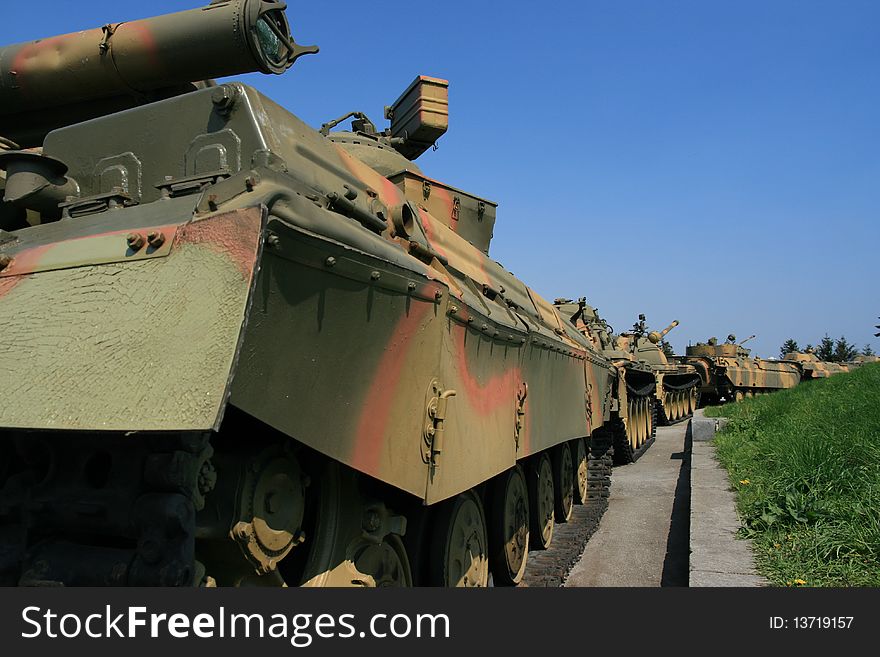 Soviet tanks at the War memorial located in Kiev with the motherland statue