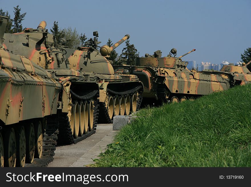 Soviet tanks at the War memorial located in Kiev with the motherland statue. Soviet tanks at the War memorial located in Kiev with the motherland statue