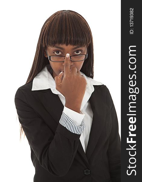 Young black female executive adjusting spectacles on face. Young black female executive adjusting spectacles on face