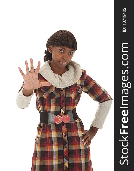 Young black female in fibrant clothing gesturing to stop or showing five