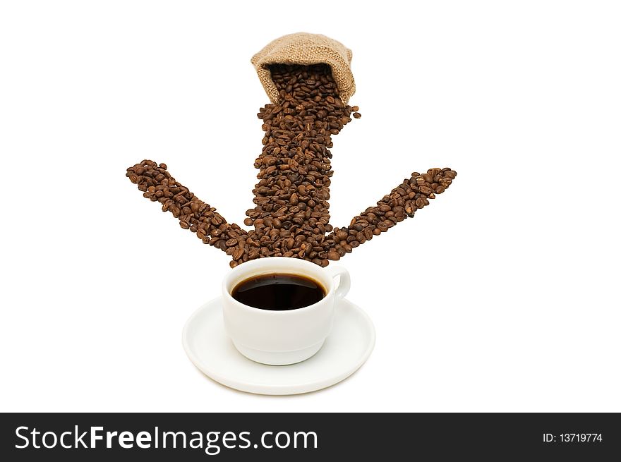 Cup from coffee on coffee grains isolated