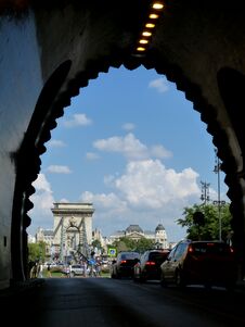 Chain Bridge In Budapest In Bright Sunlight From The Tunnel Royalty Free Stock Photo