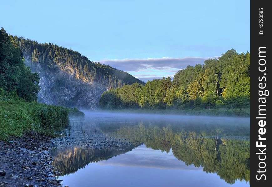 Morning fog in mountains at the river. Morning fog in mountains at the river