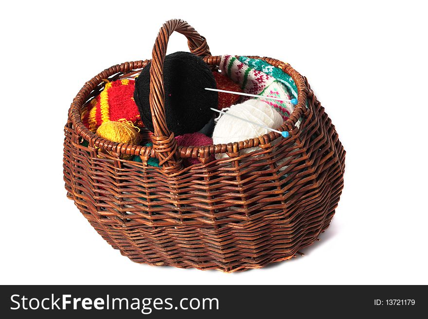 Basket of clews for knitting isolated on white