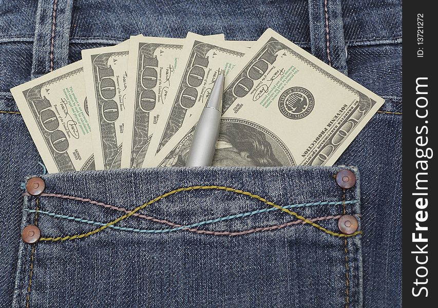 Dollar in blue jeans pocket. Dollar in blue jeans pocket