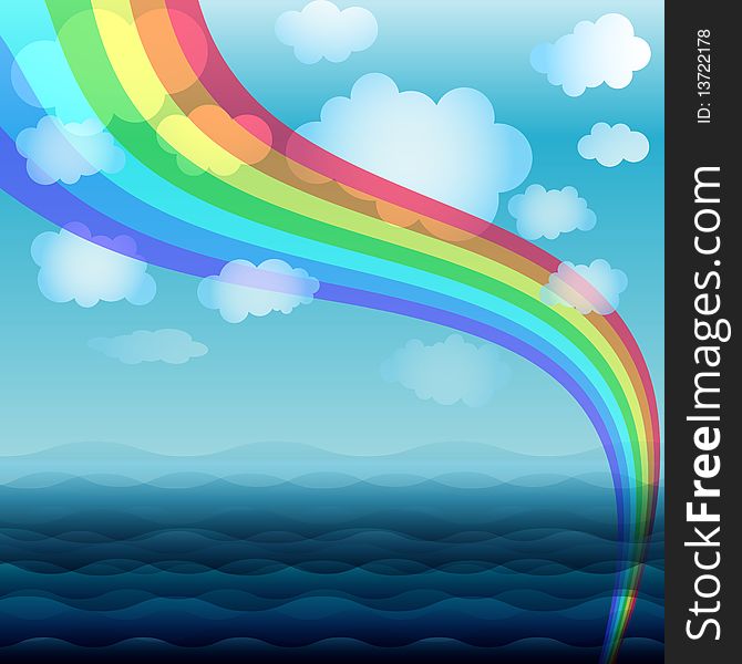 Bright spring background with a rainbow, clouds and sea. Bright spring background with a rainbow, clouds and sea