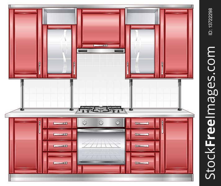 Modern kitchen interior in red color, illustration. Modern kitchen interior in red color, illustration