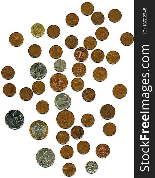 Many different coins on a white background. Many different coins on a white background