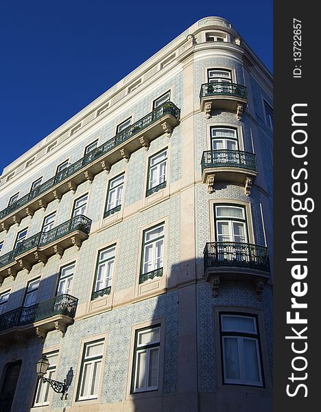 View from below of a classical building in Lisbon, Portugal