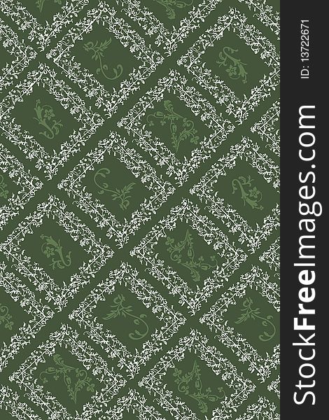 Green and white antique wallpaper displayed on a sheet of paper