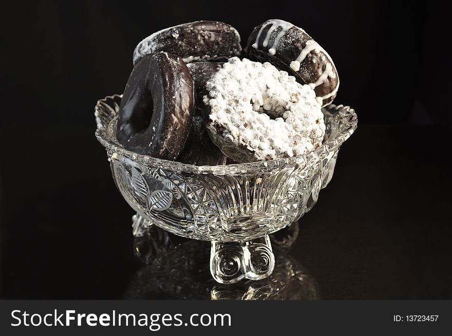 Donuts in a glass dish