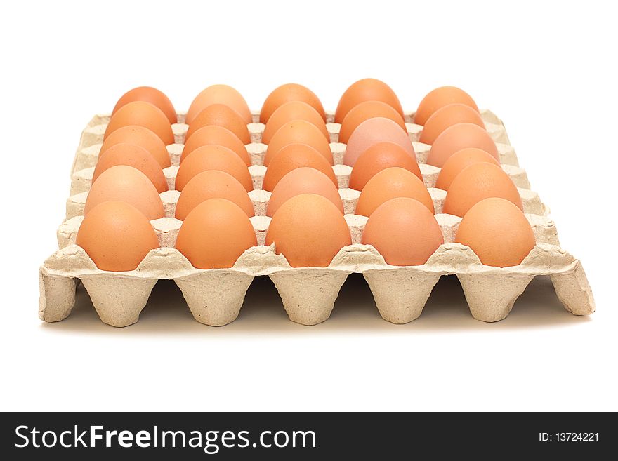 Big protective container with brown eggs isolated on white background