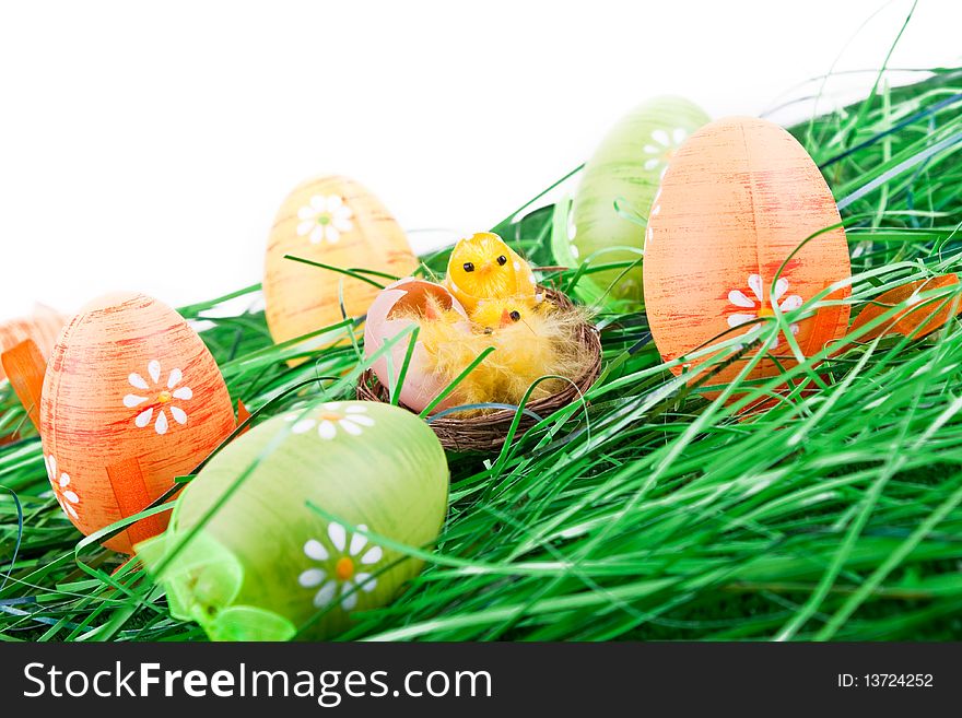 Easter eggs, chicken in grass