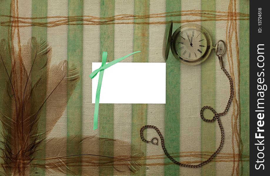 Green striped background with pen and watch