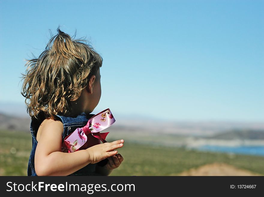 Back view of a girl on a hot, sunny day overlooking the lake in the distance. Back view of a girl on a hot, sunny day overlooking the lake in the distance.