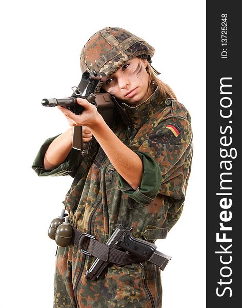 Military woman aiming