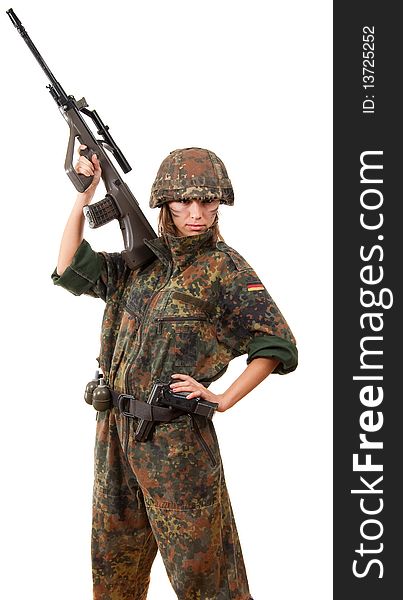 Military woman with  gun isolated over white background. Military woman with  gun isolated over white background