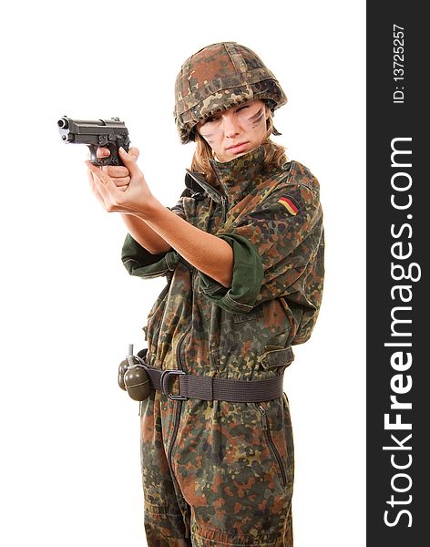 Military woman aiming isolated over white background