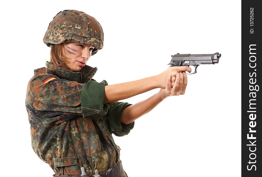 Military woman aiming isolated over white background