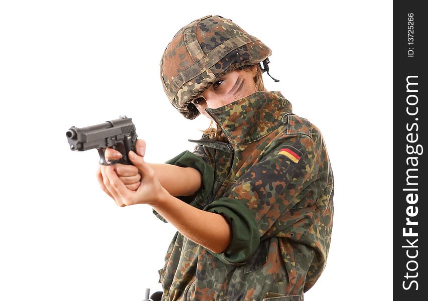 Military woman aiming isolated over white background