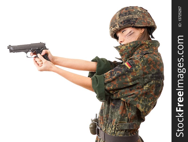 Military woman aiming isolated over white background