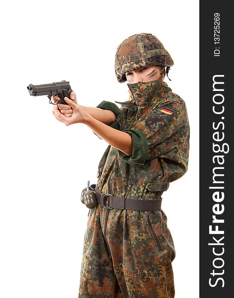 Military woman aiming isolated over white background