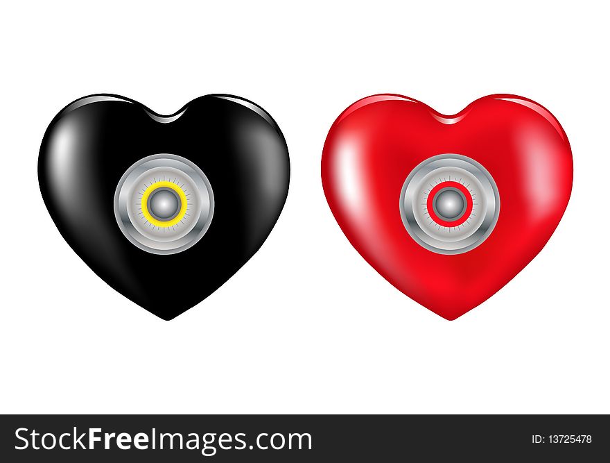 Two Vector Hearts (Black and Red) With Combination Lock. Two Vector Hearts (Black and Red) With Combination Lock