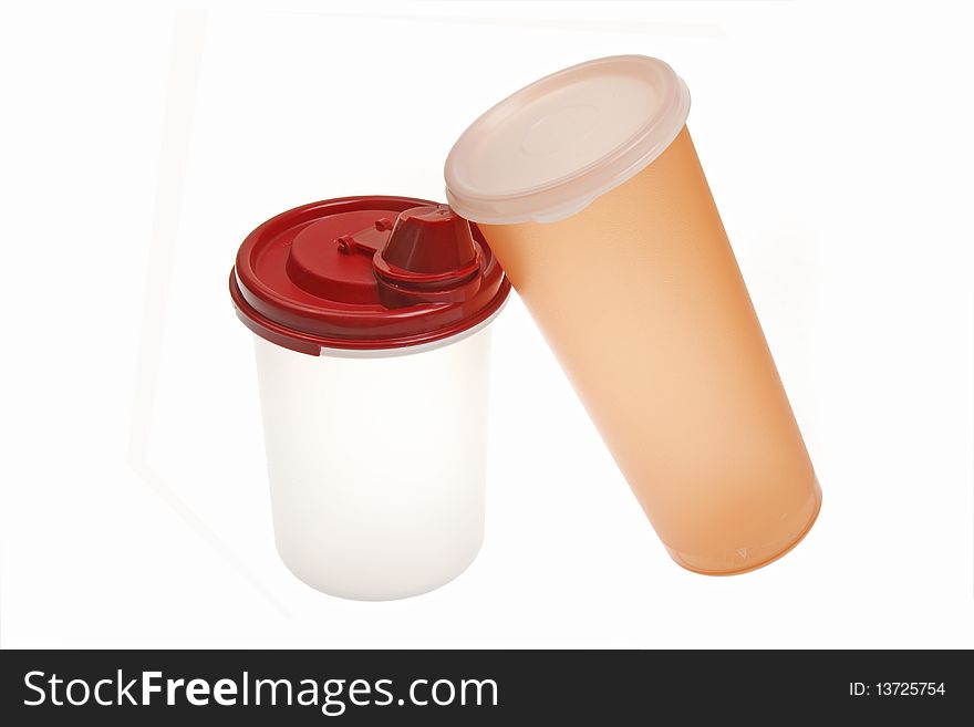 Portable plastic water cups on white. Portable plastic water cups on white