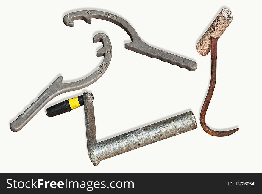 5-inch hose spanners, booster line crank and hay hook. 5-inch hose spanners, booster line crank and hay hook