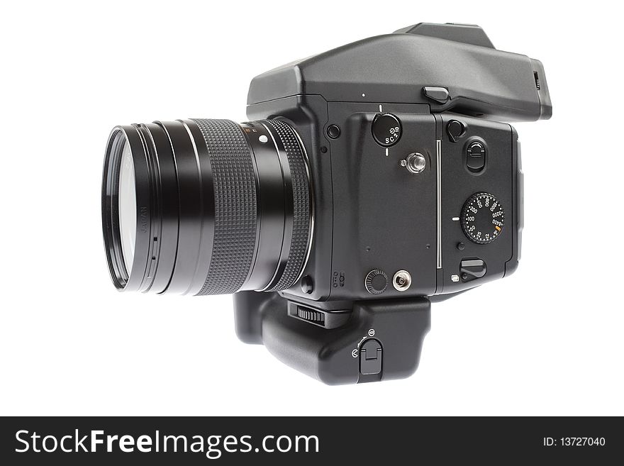 Angle view of professional black medium format camera and lens. All brand information has been digitally removed.