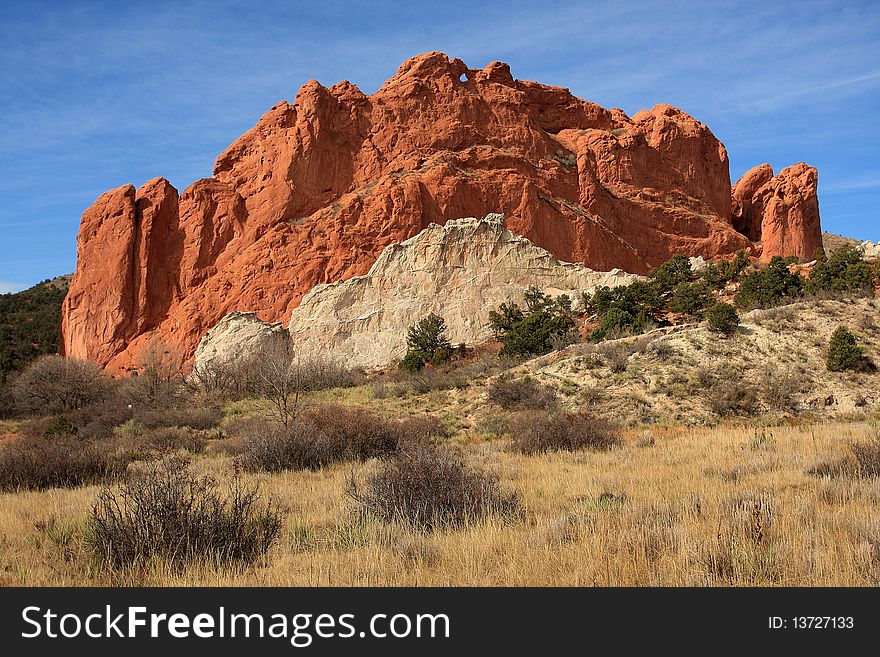 Striking red rock sandstone formation in Garden of the Gods in Colorado. Striking red rock sandstone formation in Garden of the Gods in Colorado.