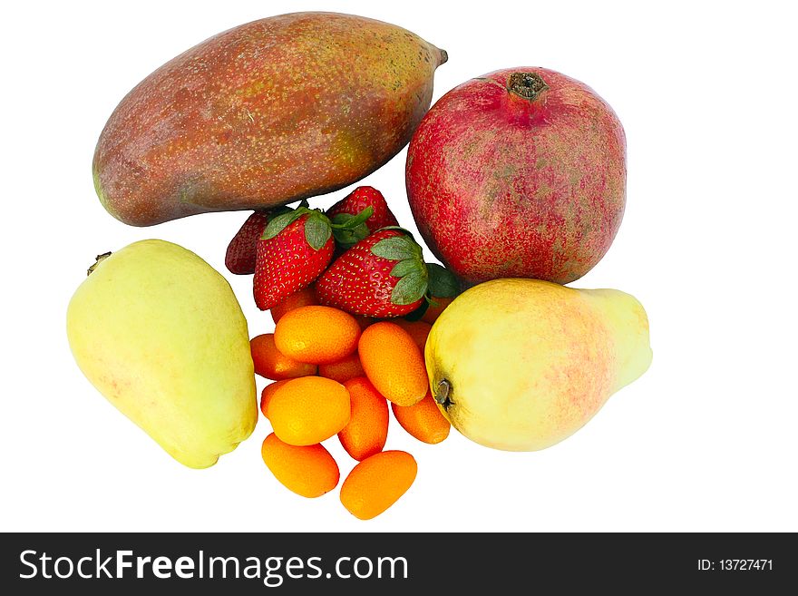 Various fruits, isolated on a white background.