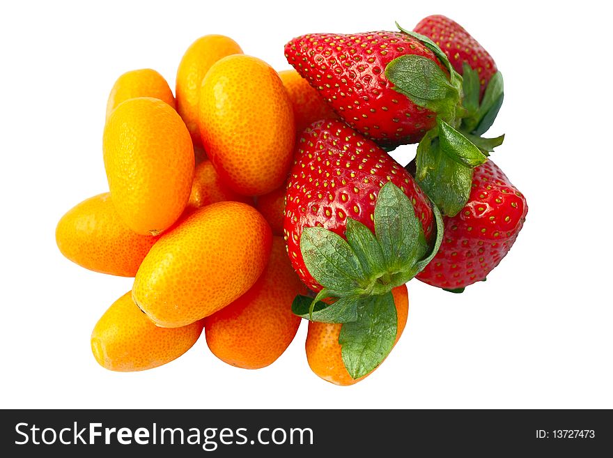 Fruit - strawberries and kumquat, isolated on a white background.