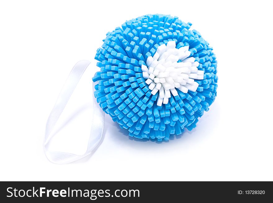 Blue bathroom sponge isolated on white. With shadow