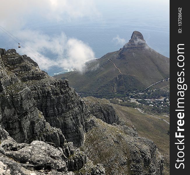 A panoramic view of Lions Head, the cable car and Signal Hill in Cape Town, South Africa, as seen from the top of Table Mountain