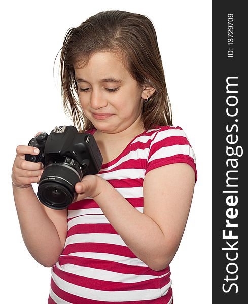 Girl looking at a camera isolated on white